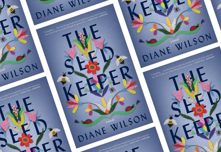 A repeating pattern of books titled "The Seed Keeper" by Diane Wilson, their covers all show drawn images of flowers and bees surrounding the title.