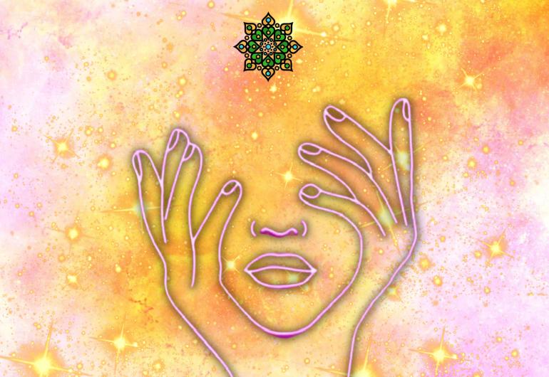 Illustration of a hands on a face with pink and gold swirls and stars 