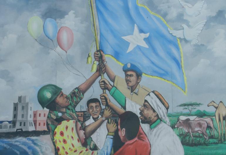 Illustration of Somali people in different 'uniforms' holding the Somali flag; a white star on a blue field