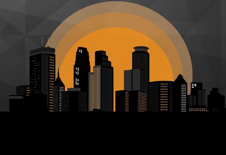 Illustration of the Minneapolis skyline with and orange to black gradient in the background