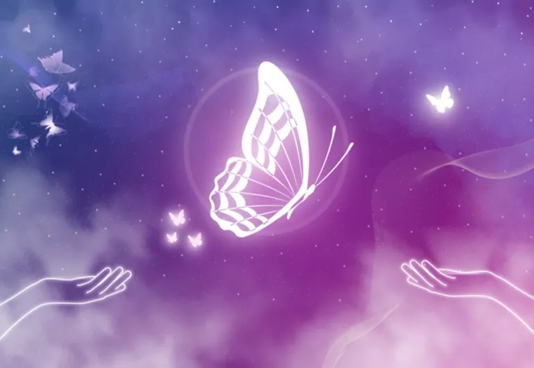 A large luminescent butterfly and two open hands on a purple background.