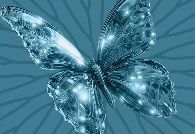 digital illustration of a blue butterfly with intricate tech body and wings