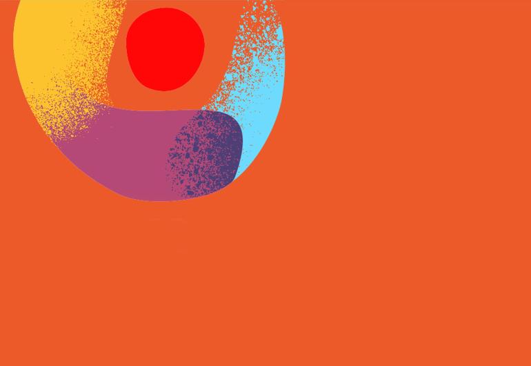 Illustrtion with strokes of yellow into purple into light blue circling a red circle on an orange background