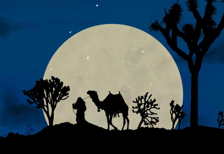 Illustration of a full moon with silhouettes of camels and trees in the foreground