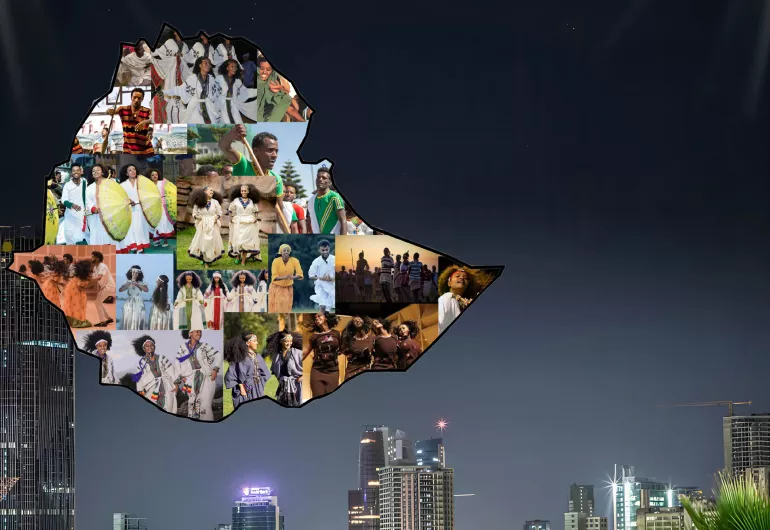 Collage of photos inside Ethiopia's outline against the Minneapolis city skyline at night.