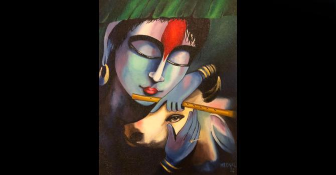 colorful painting, a Hindu god image holding a flute in one hand hugs the head of a cow  near his cheek
