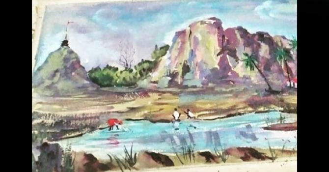 watercolor landscape; people in a stream, hills in the background by Meenal Rathi