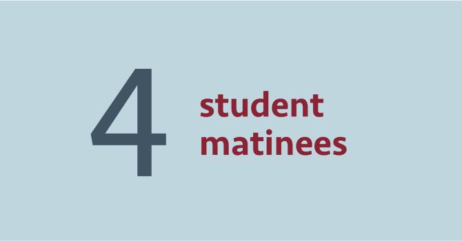 A light blue background sits behind text that reads “4 student matinees.” The 4 is dark blue and the rest of the text is maroon.