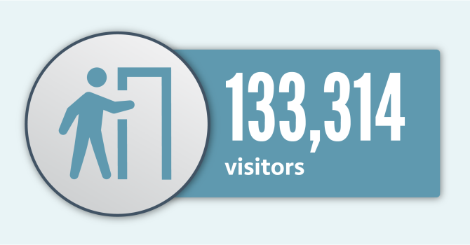 Light blue box with darker blue icon of a person entering a door and text 133,314 visitors. 