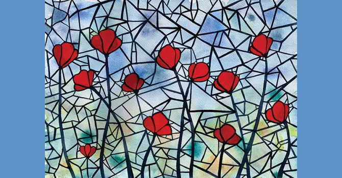 A pattern of black lines and red roses are drawn in marker and look like a stained glass window. Behind the lines is a blurry, watercolored, blue and green background.