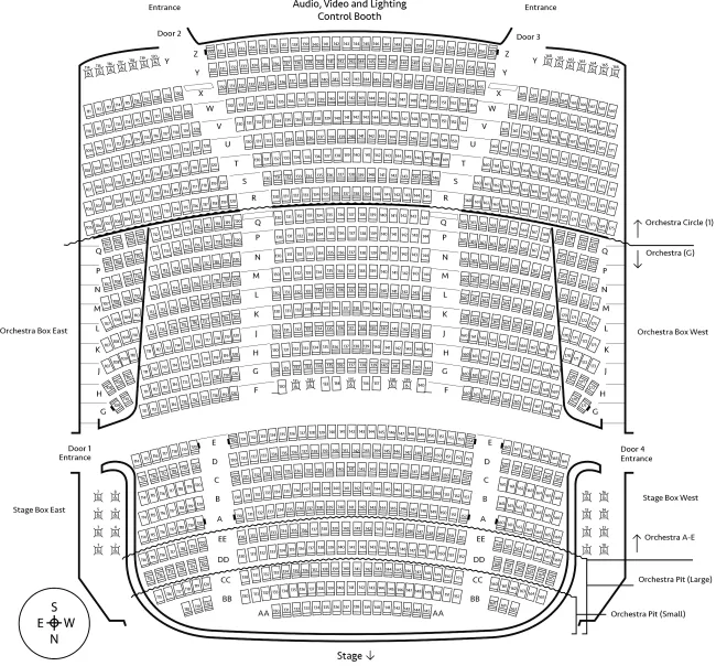 Seating chart for Orchestra Ground level and Level 1 of Carlson Family Stage