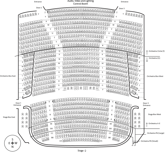 Seating chart for Orchestra Ground level and Level 1 of Carlson Family Stage