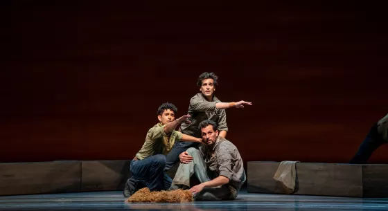 Three male dancers from the Joffrey Ballet in "Of Mice and Men"
