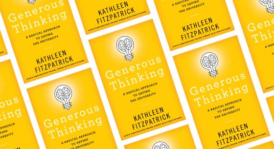 A repeating pattern of yellow books, all with the title, "Generous Thinking" by Kathleen Fitzpatrick.