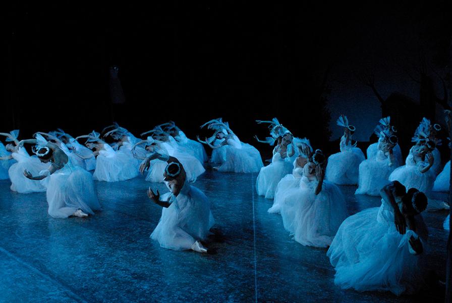 Large group of female dancers in white under a blue light, each on one knee, leaning to the side with rounded arms framing their heads