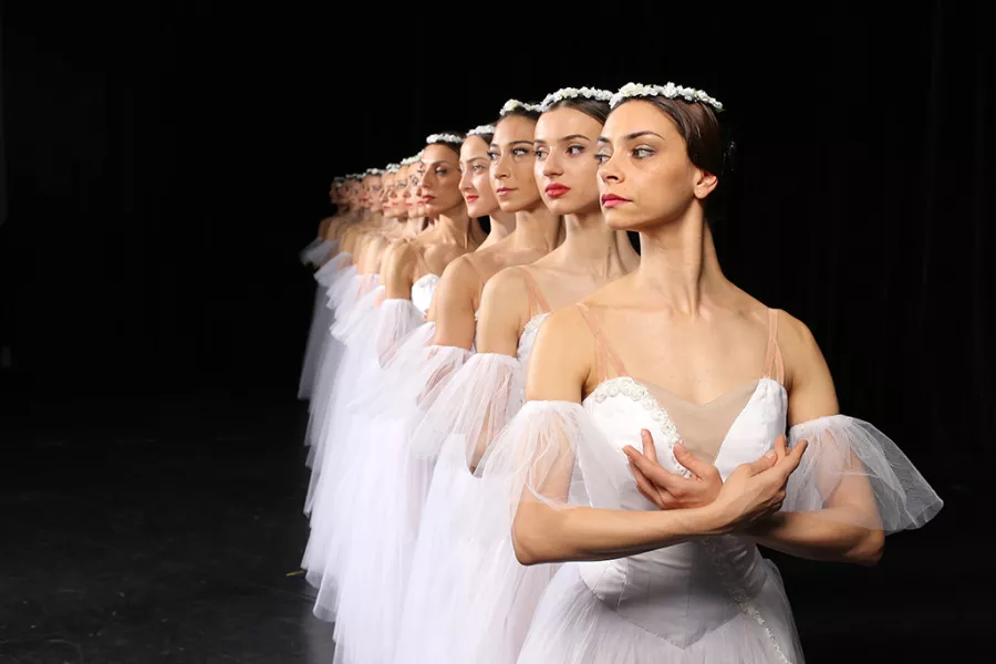 Corps de ballet in a line one behind the other looking to the side, a full view of the front dancer, the others look like a diminishing reflection of her