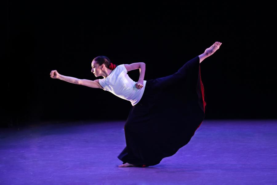 A dancer poses with her arm and leg pointing in opposite directions.
