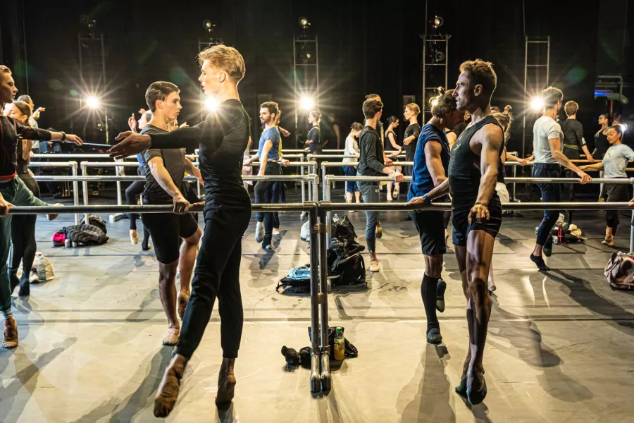 Multiple rows of ballet barres are lined up horizontally on a stage. 3 spotlights are shining behind the ballet bars. The side profile of dancers is shown, the forefront two dancers are in a tendu releve position.