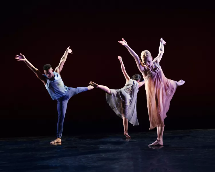A group of three dancers all striking a pose on one leg, with remaining arms and leg extended. Two face the left while one faces the right.