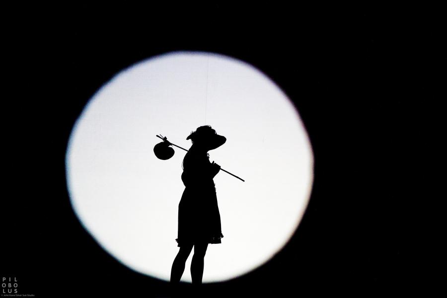 A black rectangle with a white spotlight, reveals the figurine/shadow of a dancer wearing a dress, bonnett, and carrying a bindle over their shoulder.