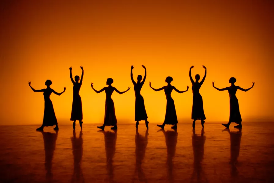 A stage is lit with a golden yellow hue, revealing the shadows of seven dancers, four of which hold their arms in a position parallel with the floor, three of which hold their arms above their heads.