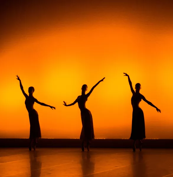 Three silhouettes of dancers appear in front of an orange and yellow background. Each dancer has one arm lifted higher than the other.