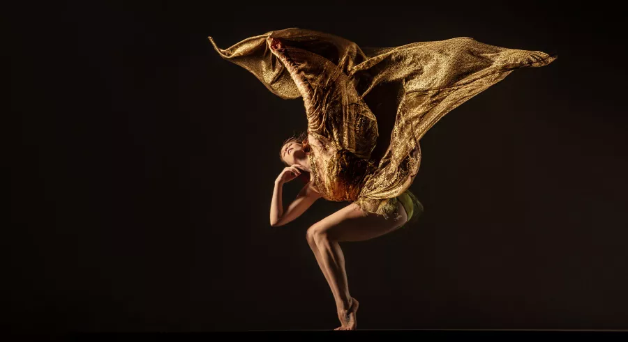 A dark stage shows a dancer throwing a piece of costume fabric upward while they face the left, bent down perpendicular to the floor at their knee.