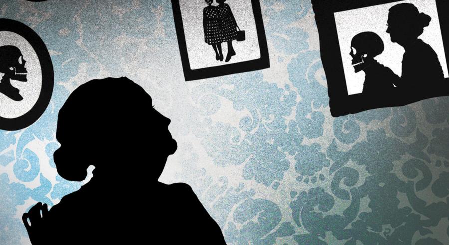 A shadowed figure appears, looking up at a gallery wall of images, also including shadowed figures. The frames are various shapes and sizes against a blue patterned wallpaper.