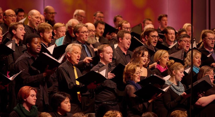 A group of chorus singers dressed in black with a mix of colored scarves perform with their music folders opened, lined up in verticle rows of increasing height. Pink and yellow projections appear behind them.