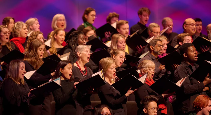 A group of chorus singers dressed in black with a mix of colored scarves perform with their music folders opened, lined up in verticle rows of increasing height.