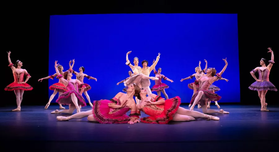 An assortment of dancers onstage posing at the end of a piece in front of a blue background.