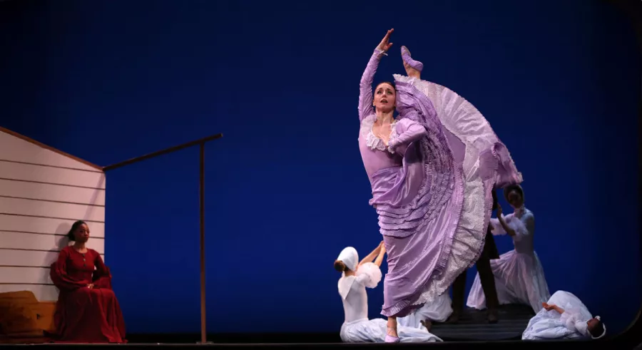 A dancer in a purple dress performing a high kick with various dancers behind her.