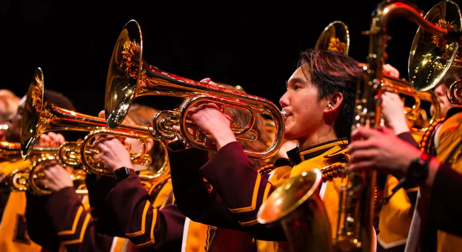 A close-up of mellophone players playing music onstage. 