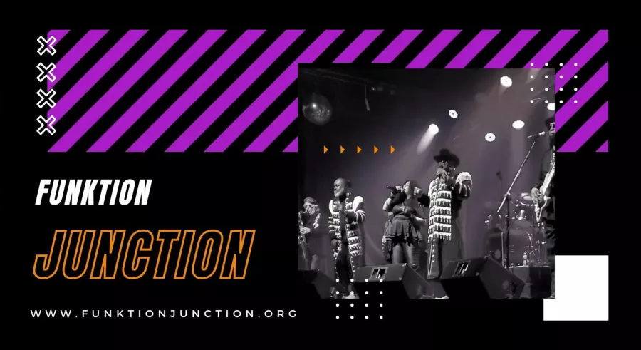 Black and white image with title graphics of band name