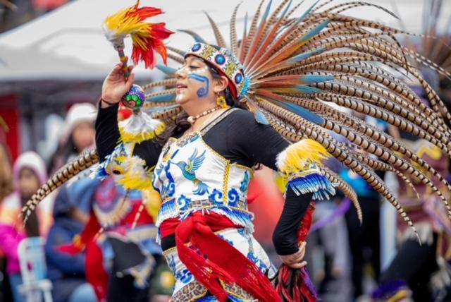 woman dances in colorful blue, white and red costume and colored and striped feathers in her headdress