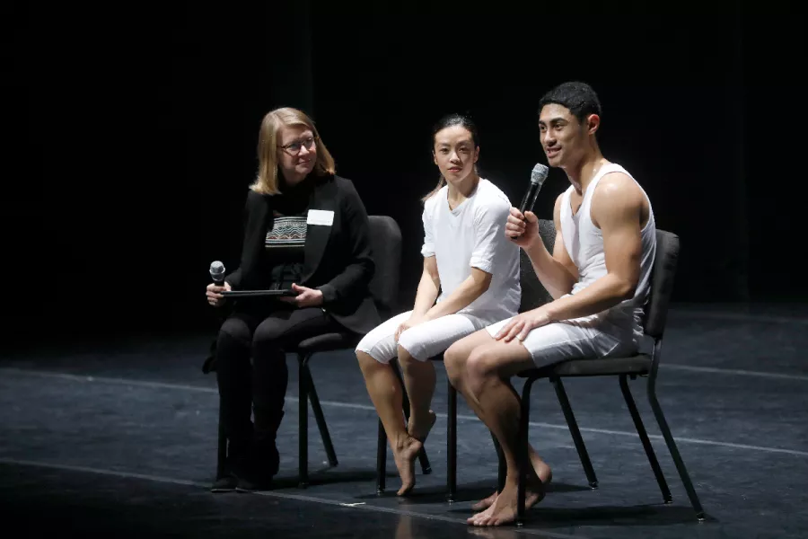 Members of Black Grace answered questions from the student matinee attendees on Nov 7. Appearing on stage after the matinee with them is Northrop Director of Programming, Kristen Brodgon