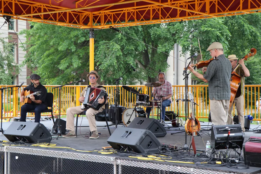 Dan Newton's Cafe Accordion Orchestra on stage June 26 2019 for Music on the Plaza at Northrop