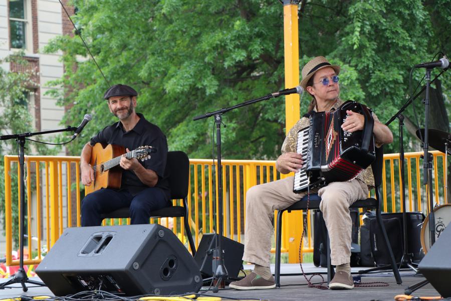Dan Newton's Cafe Accordion Orchestra on stage June 26 2019 for Music on the Plaza at Northrop