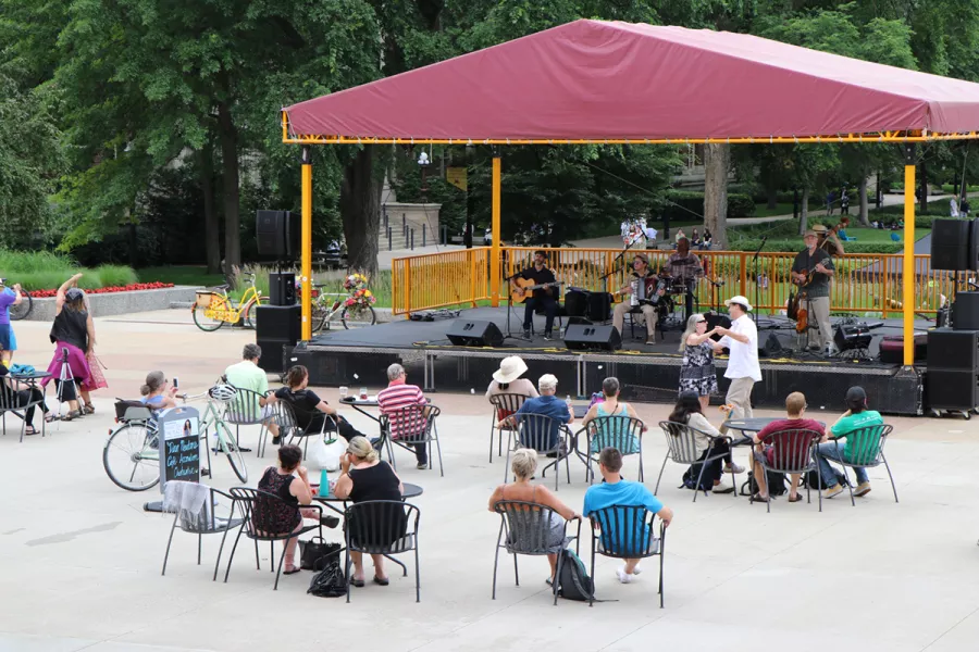 Dan Newton's Cafe Accordion Orchestra on stage June 26 2019 for Music on the Plaza at Northrop