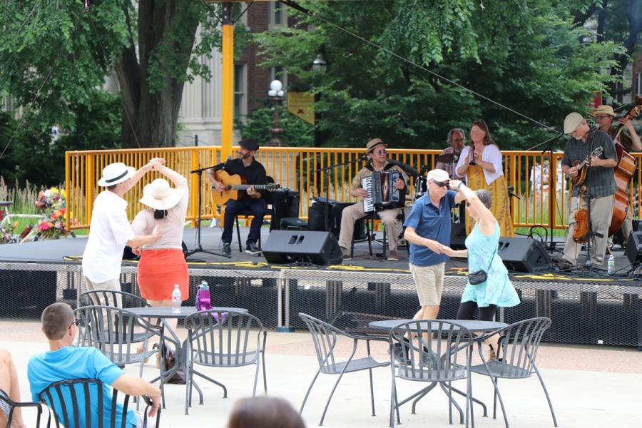 Dan Newton's Cafe Accordion Orchestra on stage June 26 2019 for Music on the Plaza at Northrop