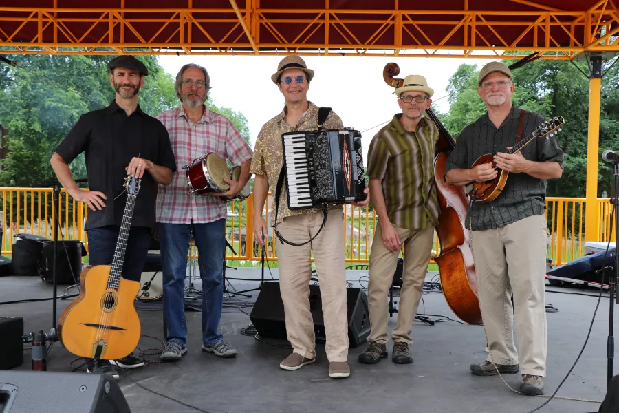 Dan Newton's Cafe Accordion Orchestra on stage June 26 2019 for Music on the Plaza at Northrop