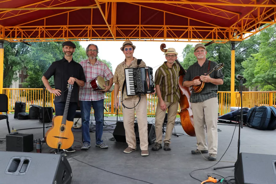 Dan Newton's Cafe Accordion Orchestra on stage June 26 2019 for Music on the Plaza at Northrop