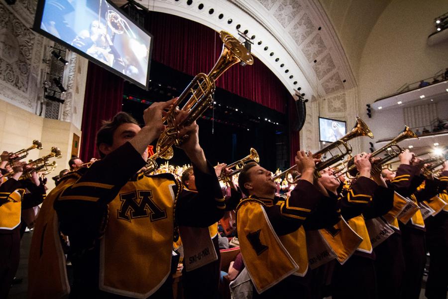 Trumpets play in front of the stage