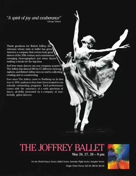 Poster for The Joffrey Ballet 1988 at Northrop featuring two ballet dancers in a black and white photograph, with text describing the performances and Robert Joffrey's impact.