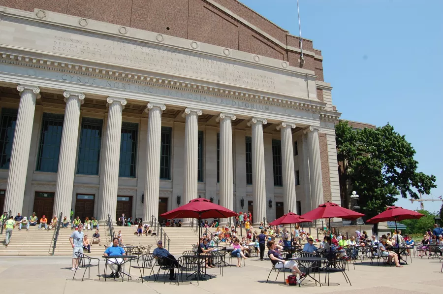 Tables with umbrellas on the Nothrop Plaza