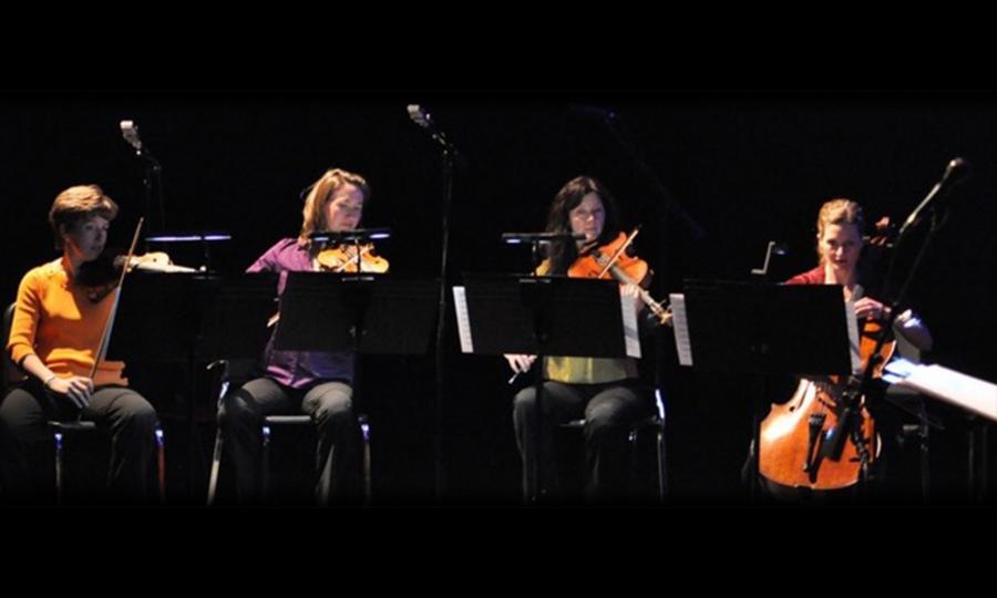 Four Voices String Quartet playing their instruments
